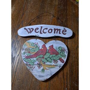 Rustic Farmhouse Christmas Holiday Winter Welcome Sign Cardinal Birds Pinecones